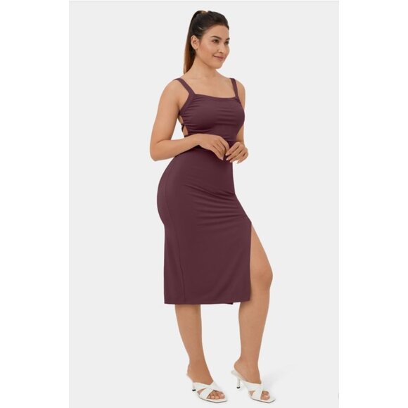 Halara Ruched Backless Crisscross Midi Dress Sz Small Womens Burgundy Lace Up Sp - Picture 3 of 7